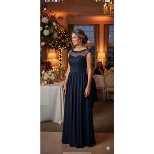 Navy Lace Beaded Formal Dress‎ Elegant Figure Flattering Wedding Womens Size 12